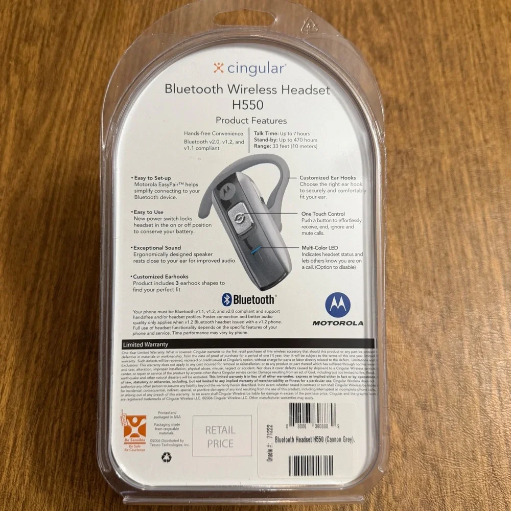 Motorola Wireless Headset Unisex OS Cannon Grey H550 Bluetooth Cingular NIB
